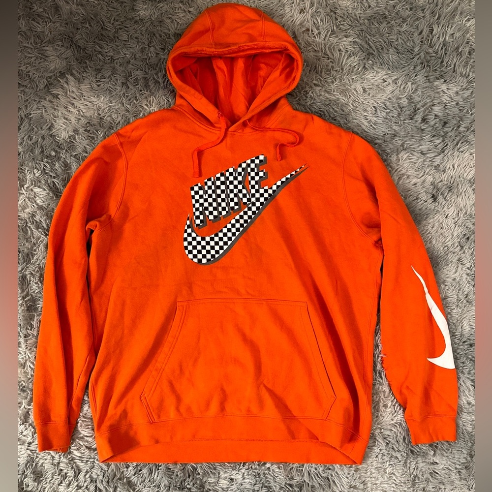 Nike Sweatshirt Pullover Hoodie Checker Big Logo Orange Sweatshirt Size XXL